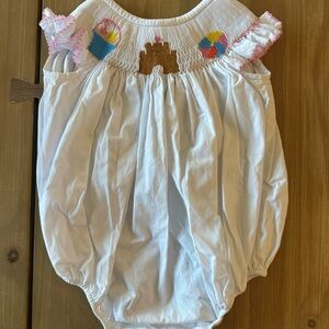 White Smocked Baby Romper with Colorful Embroidery